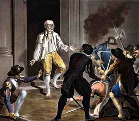 Gaspard de Colignyn kuolema, kaiverrus Jean Baptiste Morret (fl.1790-1820) 1788 (värikaiverrus)