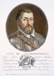 Anne de Montmorency, kirjasta Muotokuvia suurista miehistä, maineikkaista naisista ja ikimuistoisista Ranskan kohteista, kaiverrettu ja painettu värillisesti, julkaisija Pierre Blin, 1786-92, Pariisi (värikaiverrus)