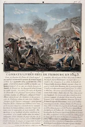 Taistelu lähellä Freiburgia, 1643, kaiverrus Jean Baptiste Morret (fl.1790-1820), 1787 (värillinen lito)