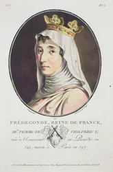 Fredegonde, frankien kuningatar, teoksesta Ranskan suurmiesten, maineikkaan naisten ja ikimuistoisten kohteiden muotokuvia, kaiverrettu ja painettu värillinen, julkaisija Pierre Blin, 1786-92, Pariisi (värillinen e