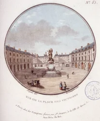 Näkymä Place des Victoires -aukiolle, Pariisi. Kersantin prittoreskissa näkymässä Pariisin päärakennuksiin
