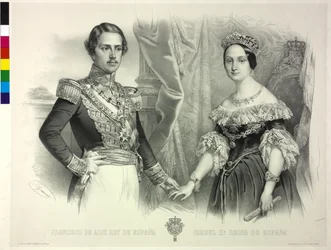 Espanjan kuningatar ja hänen miehensä Franz Isabella II (litografia)