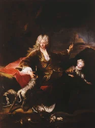 Marchese Paolo Corbellin muotokuva, täyspitkä, istuu pankissa metsän reunalla, 1709