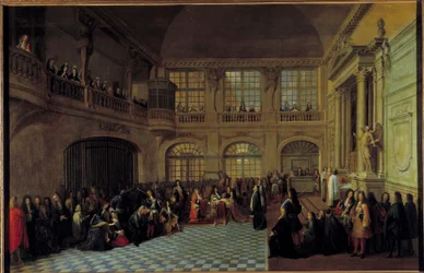 Kuningas Ludvig XIV vastaanottaa Marquis de Dangeaun, Notre Dame du Mont Carmelin ja Saint Lasaruksen yhdistyneiden ritarikunnan suurmestarin valan Versailles