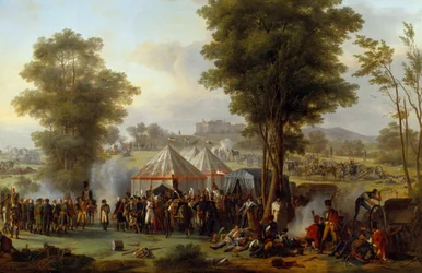 Keisari Napoleon I:n (1769-1821) bivouac lähellä Ebersbergin linnaa Itävallassa 4.5.1809 Antoine Pierre Monginin (1761-1827) maalaus 1810 su. 1,35x2,03m.