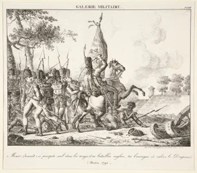 Menier (Husaari) heittäytyy yksin englantilaisen pataljoonan riviin, tappaa lipun ja vangitsee lipun (Druten, 1795)