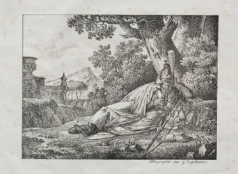 Kokoelma litografisia esseitä: Tupakoiva lohikäärme makaa puun juurella, 1822.
