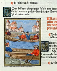 Lauttamiehiä Seine-joella, "Ordonnances Royaux de la Juridiction de la Prevote des Marchands de la Ville de Paris", 1528 (wc ja guassi paperilla)