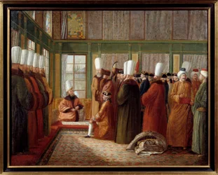 Osmanien valtakunta: "Suurvisiiri ottaa vastaan kuningas Ludvig XVI:n palveluksessa olevan Ranskan suurlähettilään Turkissa", 1700-luku, Marseille, Musée de la Marine - Osmanien valtakunta: Ranskan suurlähettilään vastaanotto