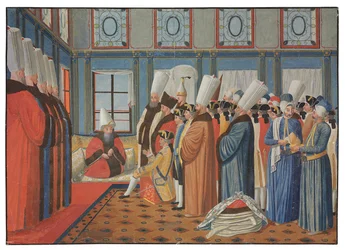 Ludvig XV:n suurlähettilään kreivi de Vergennesin esittely ottomaanisulttaanin suurvisiirille Reis Effendille "Uthman III" 31. toukokuuta 1755