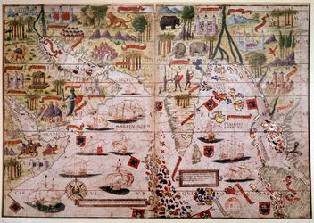 Indes Portugalin merenkulkuatlas. Pierre ja Georges Reinelin, Lopo Homemin (kartoittajat) ja Antoine de Hollanden (miniaturisti) vuonna 1519 tekemän Atlas Millerin käsikirjoituksen sivu. 16. vuosisata. Paris, B N.