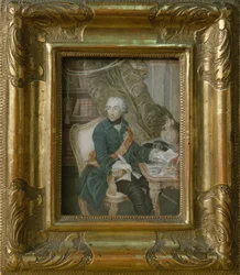 Preussin kuningas Frederick II Hohenzollern-takissaan, 1769 (akvarelli norsunluulla)