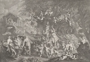 Venuksen juhla, jossa satyyri-, nymfi- ja puttiryhmät tanssivat Ve...-patsaan ympärillä, 1732.