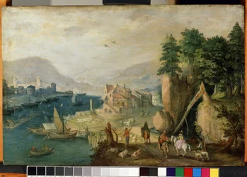 ""Kylä lähellä vuoria"" (Kaupunki vuoristossa) Flanderin maisema. Antonie (Anton) Miroun (1586-noin 1661) maalaus 1600-luvulta Mikalojus Konstantinas Ciurlionisin taidemuseo, Kaunas, Liettua