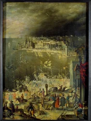 Merisataman näkymä Kaupallisen toiminnan esittely, tavaroiden purkaminen, liiketoimet sataman telakoilla. Anton Mozartille (1573-1625) kuuluva maalaus, su. 0,3x0,22 m Pariisi, Louvre-museo