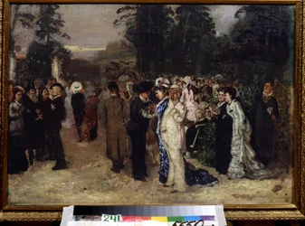 Julkiset juhlat Sokolniki Parkissa (Moskova) (Julkinen ilontila Sokolnikissa). Nikolai Pavlovich Tšehovin (1859-1889) maalaus. Öljy kankaalle, venäläistä taidetta. Valtion kirjallisuuden keskusmuseo, Moskova.