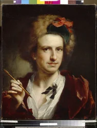 Muotokuva kaivertaja Francesco Bartolozzista (1728-1813). Anton Raphael Mengin (1728-1779) maalaus öljy kankaalle. saksalainen taide