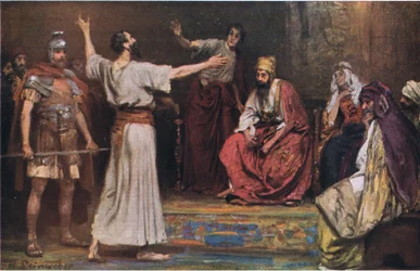 Paavali Festuksen ja Agrippan edessä, Hulbertin teoksesta "Story of the Bible", julkaisija The John Winston Company, 1932