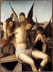 Pietà ja kolme enkeliä. Kuollut Kristus kolmen enkelin tukemana haudallaan. 1475. Mitat: 145 x 85 cm. Venetsia, Museo Correr
