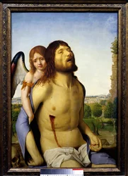Kuollut Kristus enkelin tukemana Antonello da Messinan (1430-1479) maalaus 1476-1479 su. 0,74x0,51 m Madrid, Prado-museo - Kuollut Kristus enkelin tukemana. Antonello da Messinan (1430-1479) maalaus