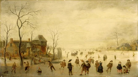 Talvimaisema luistelijoiden, golfin pelaajien ja talonpoikien kanssa Frozen Waterwaysillä (öljy paneelissa)