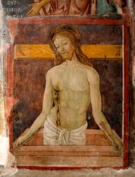 Pieta Jeesuksen Kristuksen aureoli on merkitty ristillä. Yksityiskohta Antonio Aquilin freskosta detto Antoniazzo Romano (toiminut noin 1461-1508) 1400-luvun Saint Benoitin luostari (Sacro Speco), Subiaco (Rooma), Italia