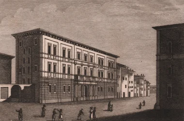 Näkymä piispanpalatsista Pistoiassa, Toscanassa, Italiassa, Antonio Morghenin (1788-1853) kuparikaiverrus, noin 13x9,5 cm