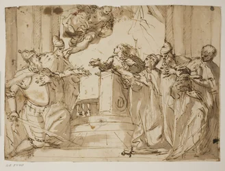 Neljä koiraa ja mies viitassa koiran lippis kädessään, taustalla Annunciation(?)