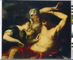 Saint Sebastian (marttyyri 4. vuosisadan alussa), Saint Irene (Roomasta, marttyyri vuonna 304) ja Saint Lucia (Syracuse, marttyyri noin 303 tai 310) (Pyhät Sebastian, Irene ja Lucia) - Antonio Balestran (1666-1740) maalaus ), öljy kankaalle - italialainen 