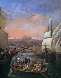 Christopher Kolumbuksen lähtö Palos de la Fronterasta vuonna 1492, Antonio Cabral Bejaranon (1798-1861) maalaus, Yksityiskohta