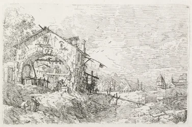 Näkymät: Nainen piirtää vettä kaaren alta, 1735-1746.
