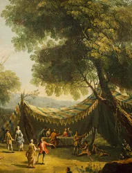 Teltta maaseudulla elävää musiikkia, yksityiskohta keväästä, Antonio Diziani (1737-1797), öljy kankaalle, 74x92 cm, Italia