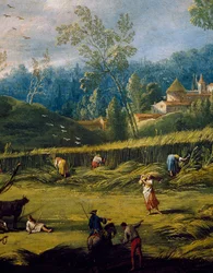 Sadonkorjuu, yksityiskohta kesästä, Antonio Diziani (1737-1797), maalaus.