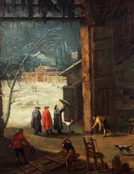 Talvi, aatelismiehen saapuminen huvilaan, Antonio Diziani (1737-1797), maalaus. Yksityiskohta.