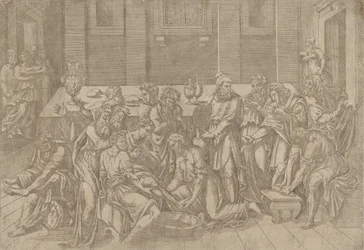 Jeesus pesee opetuslasten jalkoja, 1540-45.
