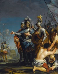 Saint Louis lähtee ristiretkelle Antonio Gionima (1697-1732) - Öljy kuparille, 45x35,8 - Yksityiskokoelma