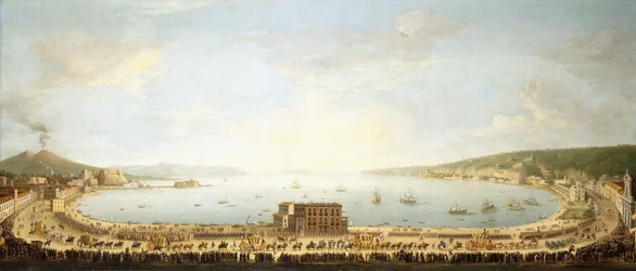 Panoraamanäkymä Napolinlahdelle ja kuninkaallinen kulkue Piedigrottalle,