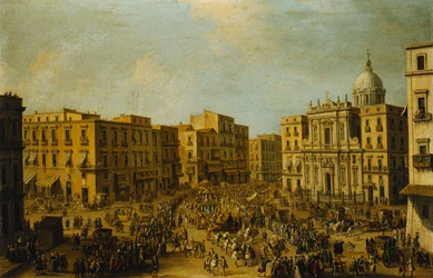Largo San Ferdinando, Napoli, karnevaalien aikaan kuninkaallisen vaunun lähestyessä Palazzo Realea,