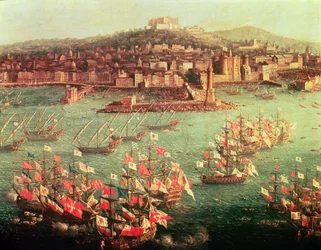 Espanjan kuninkaan Kaarle III:n (1716-88) laivasto ennen Napolin kaupunkia, 6. lokakuuta 1759 (öljy paneelissa)
