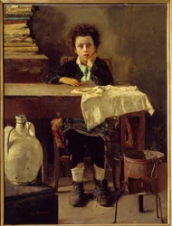 Pieni koulupoika eli köyhä koulupoika, Antonio Mancini (1852-1930), 1800-luku. Mitat: 1,3 x 0,97 m. Pariisi, Musée d’Orsay