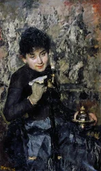 Nainen mustepullolla, noin 1875, Antonio Mancini (1852-1930), öljy kankaalle