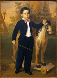 Muotokuva pienestä pojasta puisen hevosen kanssa. Antonio Maria Esquivelin (1806-1857) maalaus, Oil On Canvas, ves 1851. Museum of Fine Arts Sevillassa, Espanjassa.