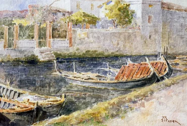 Sirmione Gardajärvellä, Antonio Mayer (1862-1921), akvarelli. Italia, 1900-luku.