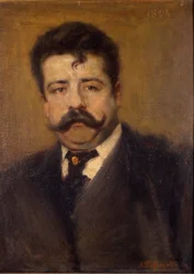 Ruggero Leoncavallon muotokuva. Italialainen säveltäjä (1858-1919) Antonio Pasinettin (1863-1940) maalaus. vuodelta 1894. Museo della Scala Milanossa.