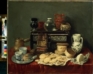 ""Asetelma eebenpuuarkulla"" (Asetelma eebenpuuarkulla) Juustot, astiat, kannu, lautasliina, purkit, kahvimylly ja hunajalusikka. Antonio de Pereda y Salgadon (1611-1678) maalaus 1652 Koko 80x94 cm Saint Petersboun Eremitaaši
