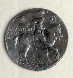 Mantovan markiisin Ludovico III Gonzagan (1414-1478) mitali. Edessä: aseistettu markiisi hevosen selässä, pronssi, musta patina