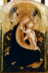 Madonnalla on Viiriäinen Detrempe Pisanellon (Antonio Pisano) puussa (n. 1380-1455). 1420 noin Mitat 50x33 cm Verone, Castevecchio Museum - Madonna viiriäisellä, Antonio Pisano eli Pisanello (1380-n.1455)., Tempera puulla, 50x33 cm