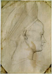 Nuoren naisen pää, profiilissa oikealla. Piirustus Antonio di Puccio Pisano dit Pisanellon (1395-1455) työpajasta. Ruskea muste, musta kivi, höyhen. Mitat: 24,6 x 17,2 cm. Louvre, Cabinet des dessins.