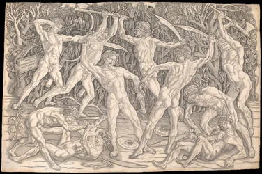 Antonio del Pollaiolon alastontaistelu, n. 1470-1490 (b/w kaiverrus)