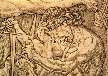 Kymmenen alaston taistelu, yksityiskohta tikareilla taistelevista miehistä, n. 1470-1475 (kynä ja muste paperille) (katso myös 57536)